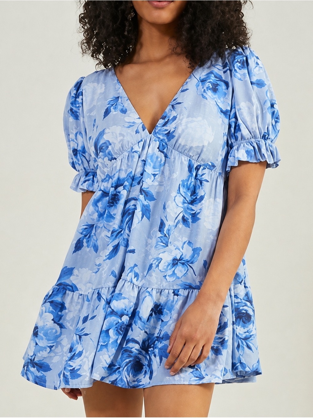 NWT Altar'd State Evie Blue Floral Tiered Babydoll Mini Dress
